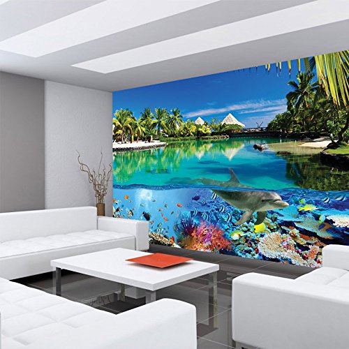 Vlies Fototapete 312x219cm PREMIUM PLUS Wand Foto Tapete Wand Bild Vliestapete – Tiere Tapete Delfin Fische Korallen Tiere Meer Palme Strand Hütten blau – no. 2044 - 6