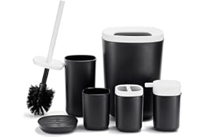 Wopeite 6 Pezzi Accessori da Bagno Gabinetto Set Scopino Bagno, Portaspazzolino, Cestino, Porta spazzolino da Denti, Dispenser Sapone, Portasapone per Bagno e Hotel Nero