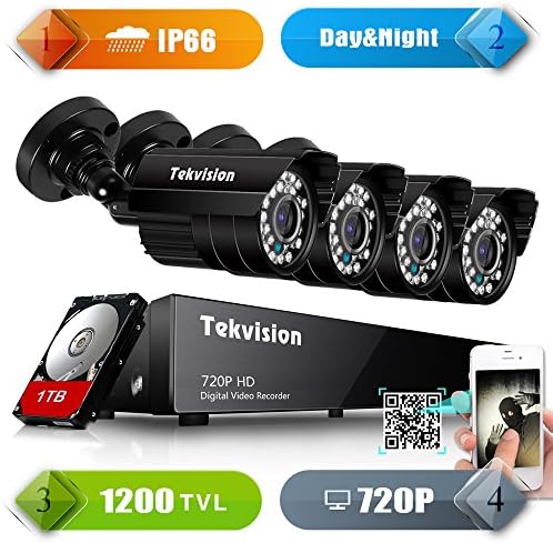 Tekvision® Outdoor waterproof 8CH HD 720P CCTV DVR Security System +4 Day/Night Bullet Cameras Hi-resolution + 1TB Pre-installed HDD Home/Office CCTV System