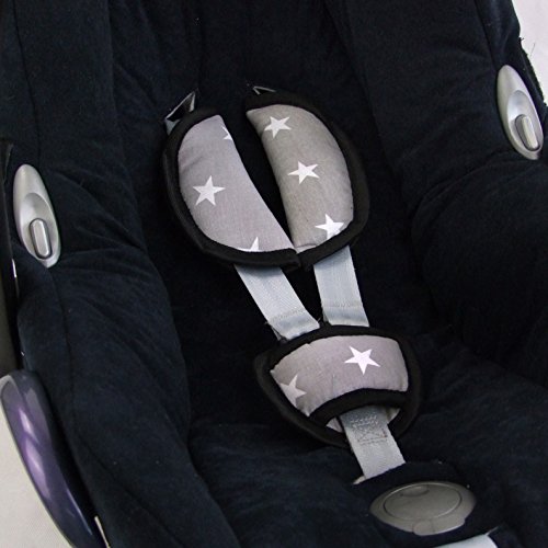 Babys-Dreams UNIVERSAL 3tlg. SET Gurtpolster + Schrittpolster für Maxi-Cosi, Römer - GRAU MIT WEISSEN STERNEN - Babyschalen Gruppe0 NEU STERNE