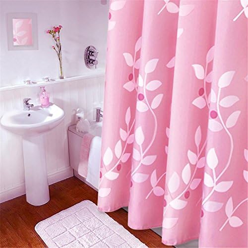 100% Polyester Pink Shower Curtain, Extra Long White Leaf Opaque Pattern Mildew Resistant Waterproof Bathroom No Transparent With Enough Rings Hooks , 200 x 240 cm