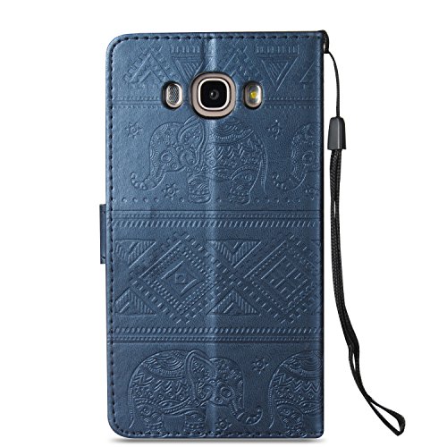 Galaxy J7 2016 Hülle, Ukayfe Lederhülle Leder Tasche Case Cover für Samsung Galaxy J7 2016 Handyhülle im Buchstyle,Prägung Elefant Muster Premium Kunstleder Tasche Flip Wallet Case mit Standfunktion Karteneinschub und Magnetverschluß Etui Schutz Hülle für Samsung Galaxy J7 2016 (Blau) - 2