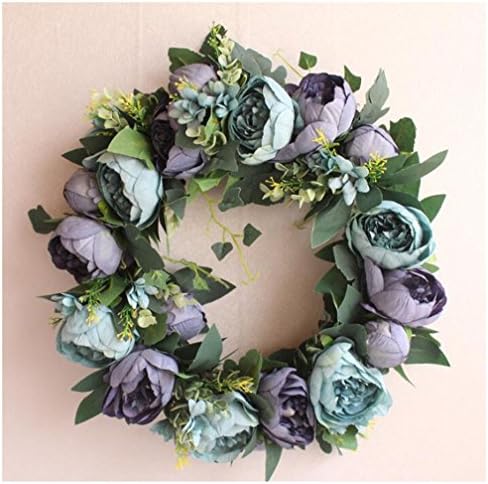 Ammon Lowen Artificial Rose Flower Wreath Door Hanging for in or Outdoors Garland Decoration for Home Patry Door Wedding Diameter 40CM/15.7 icnhes(Blue)