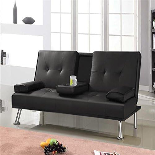 checknow 3 Seater Manhattan Modern Faux Leather Sofa Bed Drinks Table & Cushions(Black)