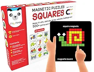 Play Panda New Magnetic Puzzles : Squares - includes 250 Colorful Magnets pieces, 100 Puzzle book, Magnetic Board and Display Stand,Multicolor, 200 Pieces