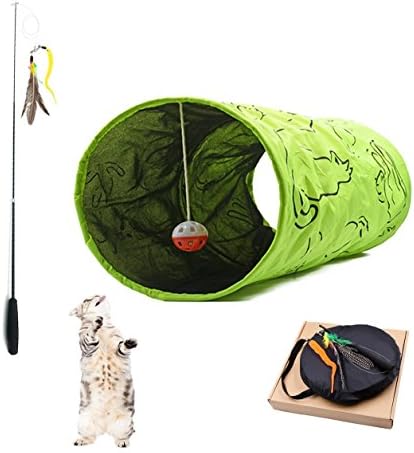 Cat Toy,Pet Cat Tunnel Green Crinkle Crackle Paper for Indoor Cat Kitten Play Tube Interactive Toy with Cat Wand Feather and Storage Bag