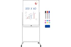 MAXTEK Pizarra blanca móvil, 100 x 60 cm, doble cara, borrado en seco, marco de aluminio, con ruedas