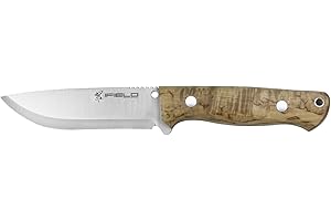 iFIELD Cuchillo de Caza Deportivo Workout EL29122, Mango de Abedul Rizado, Hoja MOVA de 11,5 cm, Incluye Funda de Piel marrón, Herramienta de Camping para Pesca, Caza, Actividad Deportiva