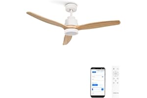 CREATE / WINDSTYLANCE S/Ventilador de techo con luz blanco aspas madera clara con Wifi y mando / 40W, Silencioso, Ø112 cm, 6 velocidades, temporizador, función verano-invierno, doble altura