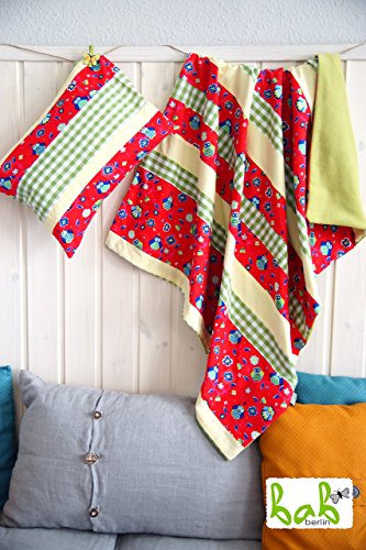 Babydecke Set mit Kissen, Kuscheldecke, Patchworkdecke in Rot/Grün mit Eulen, Karo