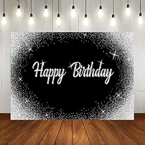 Happy Birthday Backdrop Glitter Silver Dots and Black Photography Background 7x5ft Birthday Party Decorations Banner for Any Age Men Women