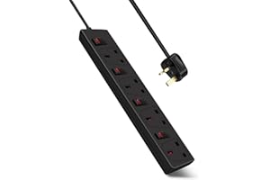 EXTRASTAR 4 Way Extension Lead Individually Switched, 13A Fused Power Strips 5M Cable, Black Extension Cords 4 Sockets for Home and Office