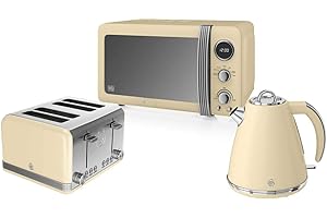 Retro Kitchen Pack by Swan - Digital Microwave 800w 20L, Jug Kettle 1.5L and 4 Slice Toaster - 3 Appliances for A Modern Kitchen Design (Cream)