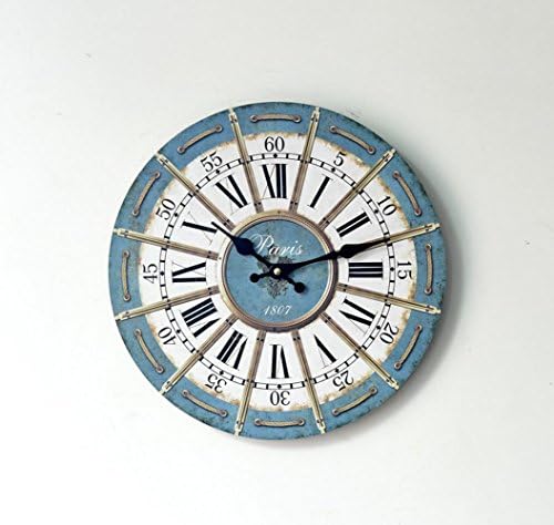 Timeback 14 Inches Roman and Arabic Numeral Design,Vintage French Style, Home Decoration Wooden Round Wall Clock (Blue Rope)