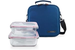 IRIS BARCELONA - Basic Lunch Bag, Set de Bolsa Térmica Porta Alimentos 3,8 l y 2 Tapers de Cristal 570 + 840 ml, Azul