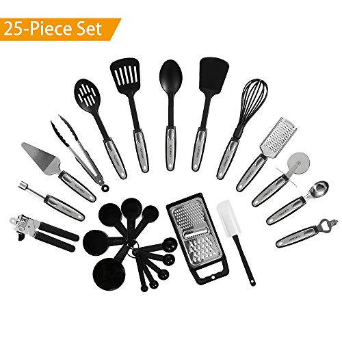 NexGadget Premium-25-Stücke Sets von Kochgeschirr mit Edelstahl und Nylon,Küchenhelfer-Set , Kochen Tools einschließlich Löffel, Turners, Tongs, Schneebesen, Schäler, Schaber, Messbecher und Löffel Nylon Kochutensilien 25 PCS