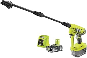 RYOBI Pistolet Haute Pression sans Fil 18V One+ RY18PW22A-125 – Batteries 2.5Ah + Chargeur, Pression 22 Bar, Réservoir Eau, Léger et Mobile, Nettoyage léger et Rinçage Uniquement - Autonomie 15min