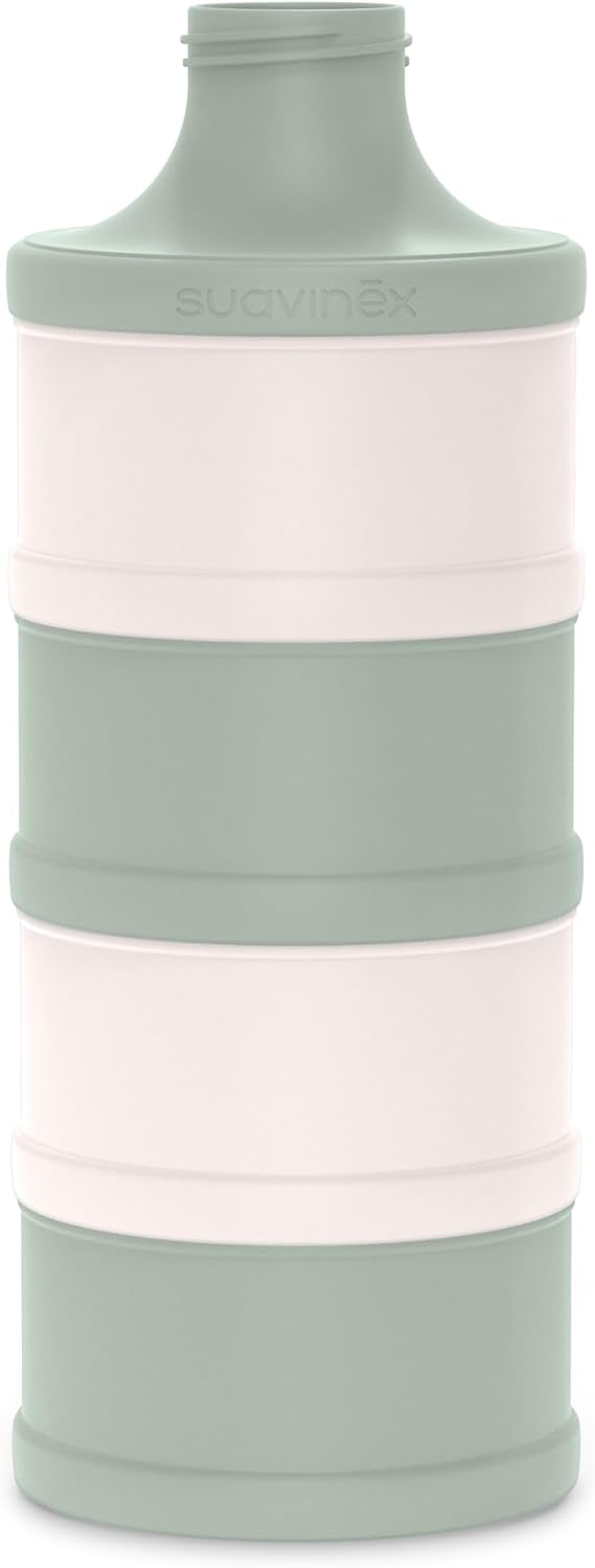 Suavinex, Dosificador de Leche en Polvo y Cereales, Dispensador con 4 Compartimentos, Boquilla y Tapa, Hermético con Cierres de Rosca, Apilable, Apto Para Lavavajillas, para Snacks, Bebés +0M, Verde