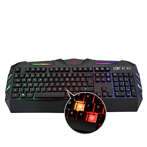 Teclado Gaming AURSEN Teclado para Juegos de Retroiluminaci  n LED y Impermeable 104 Teclas-USB-Alto Rendimiento Teclado para Gaming y Oficinas-QWERTY Espa  ol