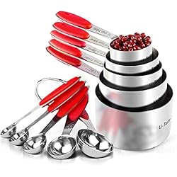 U-Taste Tasse Mesurer Cuillère Mesurer Lot de 10/5 Tasse + 5 Cuillère Cuillère Doseuse en Acier Inoxydable 18/8 Measuring Cups Set Mesureur Cuisine avce Poignées en Silicone Ustensile de Cuisine Rouge