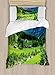 Produktbild LIS HOME Gebirgs-Bettbezug-Set, Twin Size, Alpenlandschaft mit Wiesenhäuschen und Kiefern-Stream im Dorfblick, dekoratives 2-teiliges Bettwäscheset mit 1 Kopfkissenbezug, Grünweiß