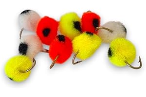FISHIN ADDICT Micro Glo Bug Egg Flies Size 12 – Hand Tied Roe Fly Fishing Lures – Mixed Pack 10 (Orange, White, Yellow) for Trout, Salmon, Steelhead, Bass
