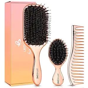 3 Pcs Hair Brush, Boar Bristle Hair Brushes and Mini hairbrush for Women Men Kids ,Pocket Travel Small Paddle Hair Brush and Wide Tooth Comb Set for Detangling Styling (Luxury Rose Gold)