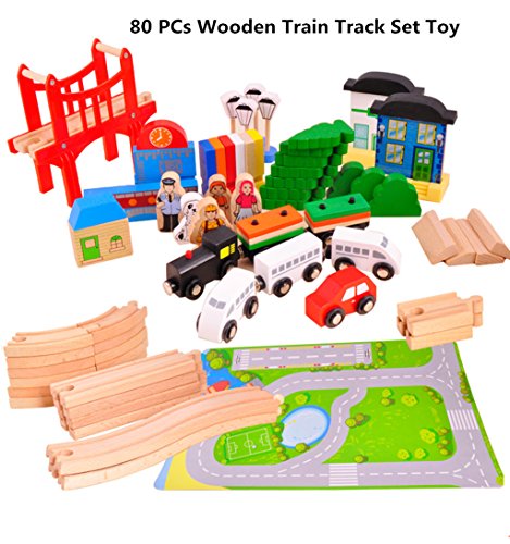ACOOLTOY Wooden Train Track Set Toy Wooden Classic Railway Flexible Track Car Set Building Kit Toy for Kids Aged 3+ (80 Pcs)