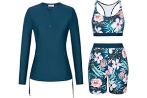 JASAMBAC 3-Piece Womens Rash Guard Swimsuits UPF 50+ Bikini Top & High Waist Boyshorts Half-Zipper Pull On Rash Shirt with Pockets Modest Swimwear Soft Bathing Suit Ladies Swimming Costumes Surf Suit