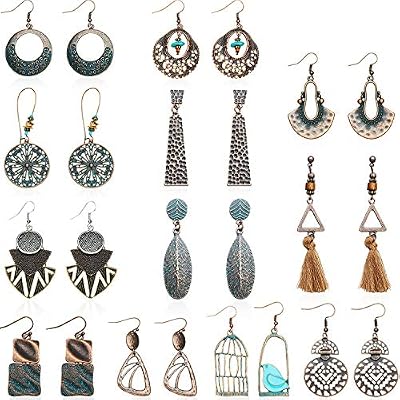 meekoo 12 Paires Boucles d'Oreilles Vintage Boucles d'Oreilles Turquoise Boucles d'Oreilles Bohème Boucles d'Oreilles Vintage Boucles d'Oreilles Géométriques pour Femmes Filles (Style A)