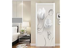 FOKH Adesivo Per Porte 3D Per Porte Interne, 82X200Cm Fiori Bianchi Alla Moda Fotomurali Autoadesivi Per Porte In Vinile, Carta Da Parati Soggiorno Cucina Camerette Art Applique