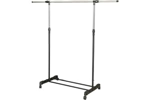 Herzberg HG03268, Porte-vêtements à roulettes réglable, Largeur 80-140 cm, Hauteur 90-158 cm, Chrome et Noir, idéal pour Petits espaces, roulettes, Capacité de Poids jusqu'à 25 kg