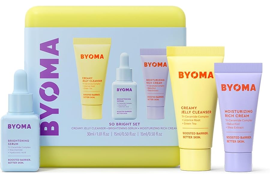 BYOMA So Bright Set - Barrier Repair Skincare Set for Brighter Skin (30ml, 15ml, 15ml) Creamy Jelly Cleanser, Brightening Face Serum and Ceramide Face Moisturiser - Alcohol Free