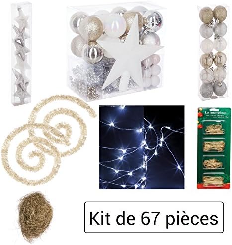Christmas decoration kit: 64 piece Christmas tree decoration kit- garlands, baubles, stars, treetop star, angel hair and hanging hooks- ZEN CHIC THEME- Colour: GOLD, SILVER and WHITE
