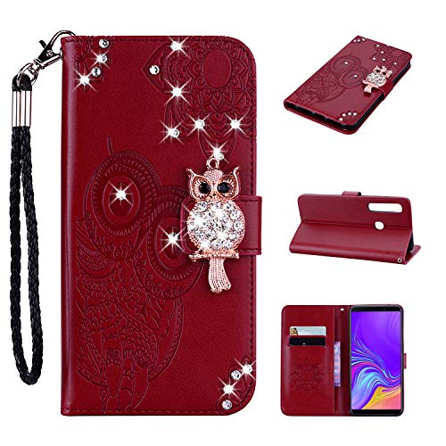 Preisvergleich Produktbild Galaxy A9 (2018) Hülle,Diamanteneule Leder mit Identifikation Kreditkarte Schlitz Halter Schlag Abdeckungs Standplatz magnetischer Verschluss Kasten für Samsung Galaxy A9 (2018)* / 509 (2)