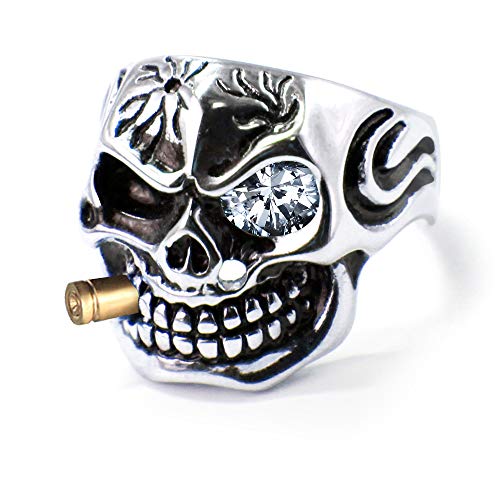 WikiMiu Bague Homme en Acier au Titane en Tête de Mort Crâne Diamanté, Bijoux Fantaisie Punk Cadeau pour Anniversaire Noël et Fêtes, Argent 65mm