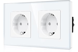 CNBINGO Podwójne gniazdko podtynkowe w kolorze białym – podwójne gniazdko z zestykiem ochronnym z zabezpieczeniem przed dziećmi – 16 A zestyk ochronny, gniazdko ścienne ze szklaną ramą
