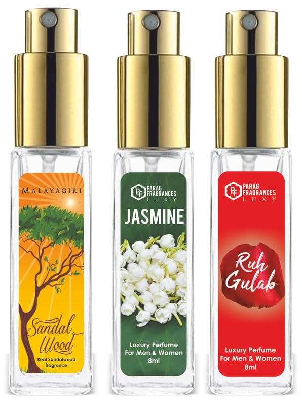 Parag Fragrances Mysore Sandal/Jasmine/Ruh Gulab Combo Pack of Long Lasting Perfume 8ml x 3 pc Total 24ml Perfume Spray For M
