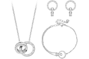 KBRPEY Schmuckset Damen, Damen Kette und Ohrringe für Damen, Set mit Kristallanhänger, Weiß Kristalle Rund Schmuck-Set Halskette Ohrringe Rosé Vergoldet für Damen Geschenk für Mädchen Frauen