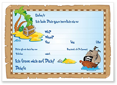 12 Einladungskarten zum Kindergeburtstag „Piratenparty“ Geburtstagseinladungen Jungen Mädchen Kinder Einladungen Schatzkarte Schatzinsel Schatzsuche Piratenschiff Pirat Geburtstag Abenteuer Karten Set - 2