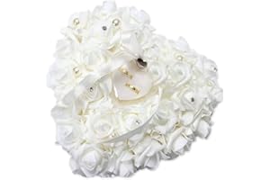 SWZY Cuscino Per Fedi Nuziali Bianco, Scatola Per Anelli Con Fiori Di Rosa a Forma Di Cuore, Cuscino Portatore Di Anelli Con Fiocchi Bianchi Matrimonio, Matrimonio Gadget, Per San Valentino, Matrimonio
