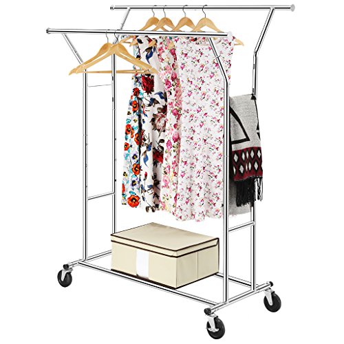 LANGRIA Stabiler Rollbarer Kleiderständer 2 Kleiderstange Ausziehbarer Garderobenständer Kleiderstange mit Rollen, Chrom-Finish - 2