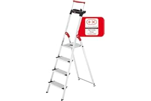 Hailo L85 ComfortLine Alu-Sicherheits-Stehleiter - 4 XXL-Stufen belastbar bis 150 kg - Tiefe Standfläche & Haltegriff - Stehleiter mit Ablage - Aluleiter Made in Germany - Leiter rostfrei - Silber