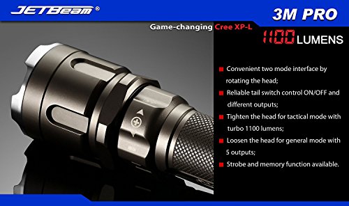 JetBeam IIIM-PRO Tactical LED-Taschenlampe Kit, kompatibel mit 1×18650 / 2xRCR123A, Inkl. L’LYSCOLORS 18650 Akku und mini USB-Ladegerät - 3