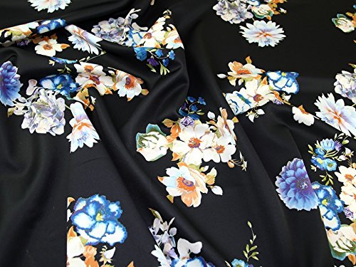 Floral Print Scuba Stretch Jersey Kleid Stoff, Meterware, Schwarz