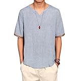 Alamor Retro Estilo Chino Camiseta de Verano de Hombres de Lino de Color Sólido V-Cuello Tops Camisetas de Manga Corta-Denim Azul-M
