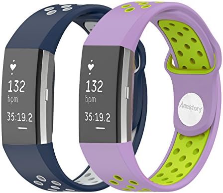 Annstory Fitbit Charge 2 Band, 2PCS Soft Silicone Silica Gel Sport Adjustable Replacement Band Strap for Fitbit Charge 2 Smartwatch Heart Rate Fitness Wristband (Blue&amp;Grey+Green&amp;Lilac)