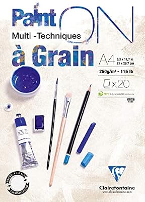 Clairefontaine 975049C - Un Bloc encollé Paint'On 20 feuilles 21x29,7 cm 250g, Blanc à grain