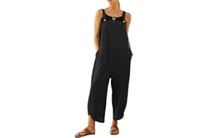 RAVENT Women's Overall Dungarees Vintage Baggy Jumpsuit Romper Cotton Linen Sleeveless Casual Playsuit Trousers Adjustable Straps Bib with Pockets