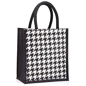 H&B Jute Bag for Lunch ? Lunch Bag, Lunch Box Bag, Tiffin Bag, Tote Bag, Hand Bag - Bag for Men, Bag for Women, Girls Bag, Lunch Bag for Kids with Zip, Bottle Holder - Houndstooth Design (B/W)